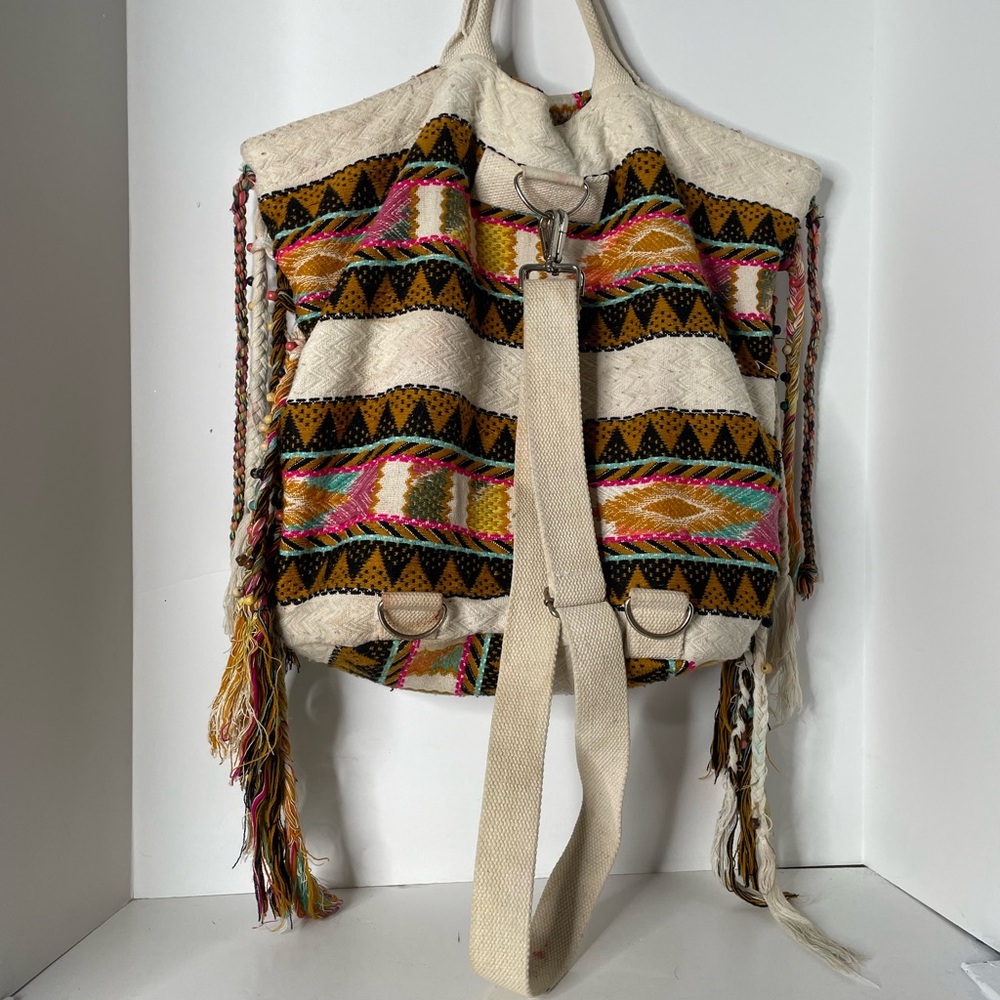 America & Beyond Boho Navajo Woven Multicolor Canvas Tote Backpack Bag - Picture 3 of 12